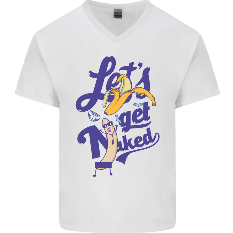 Lets Get Naked Mens V-Neck Cotton T-Shirt White