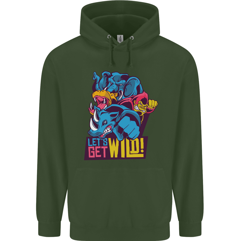 Lets Get Wild Rhino Gorilla Elephant Hippo Childrens Kids Hoodie Forest Green