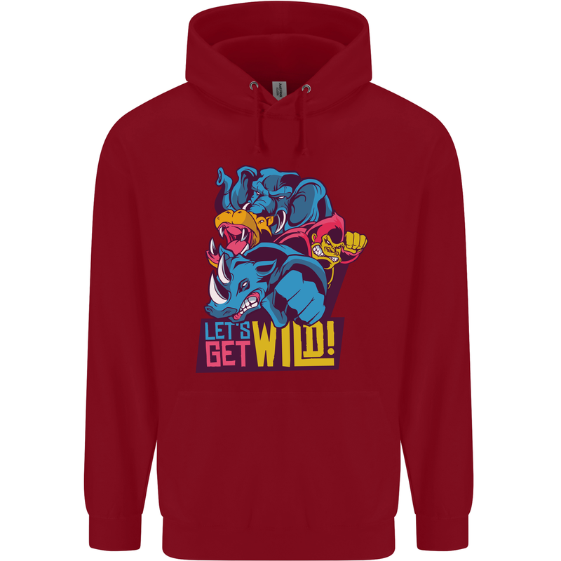 Lets Get Wild Rhino Gorilla Elephant Hippo Childrens Kids Hoodie Red