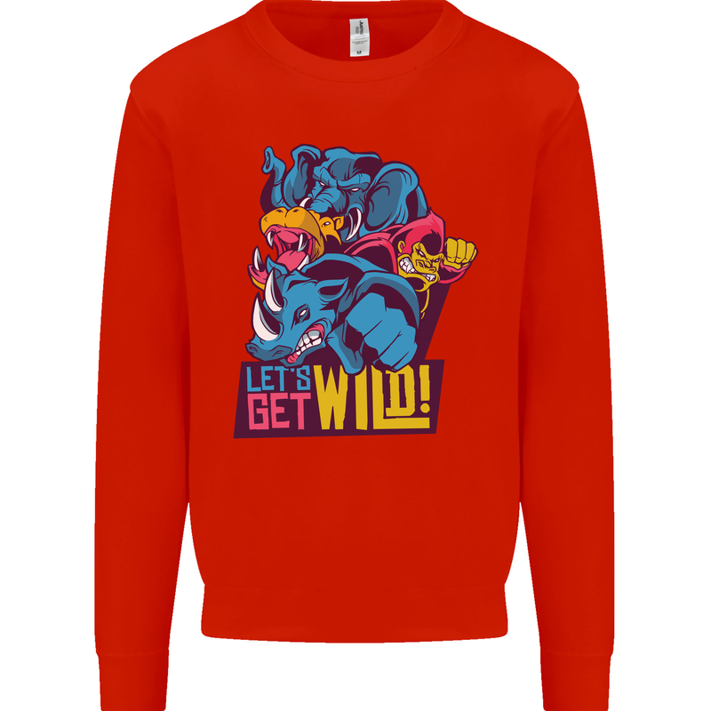 Lets Get Wild Rhino Gorilla Elephant Hippo Kids Sweatshirt Jumper Bright Red