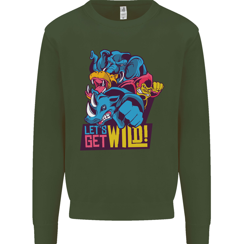 Lets Get Wild Rhino Gorilla Elephant Hippo Kids Sweatshirt Jumper Forest Green