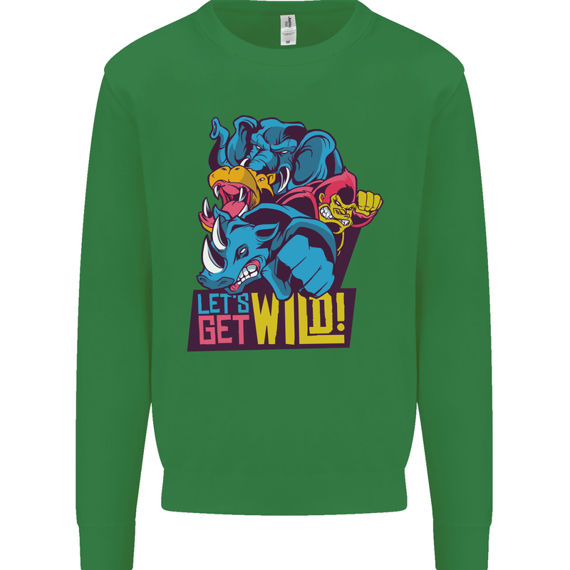 Lets Get Wild Rhino Gorilla Elephant Hippo Kids Sweatshirt Jumper Irish Green