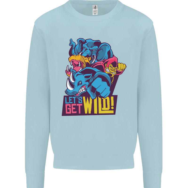 Lets Get Wild Rhino Gorilla Elephant Hippo Kids Sweatshirt Jumper Light Blue