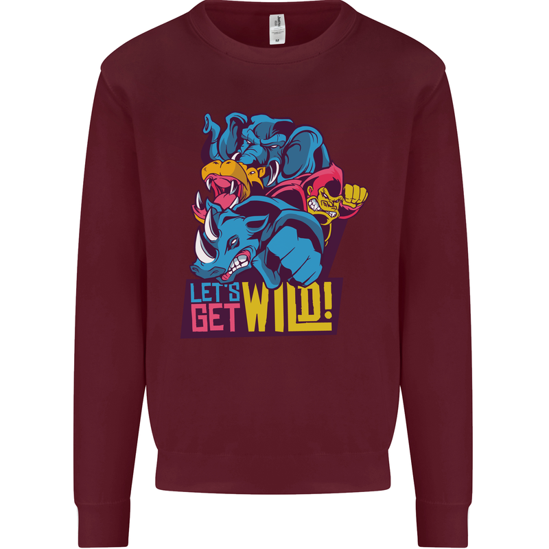 Lets Get Wild Rhino Gorilla Elephant Hippo Kids Sweatshirt Jumper Maroon