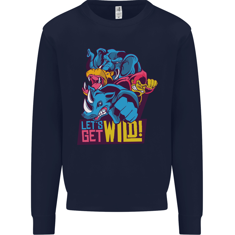 Lets Get Wild Rhino Gorilla Elephant Hippo Kids Sweatshirt Jumper Navy Blue