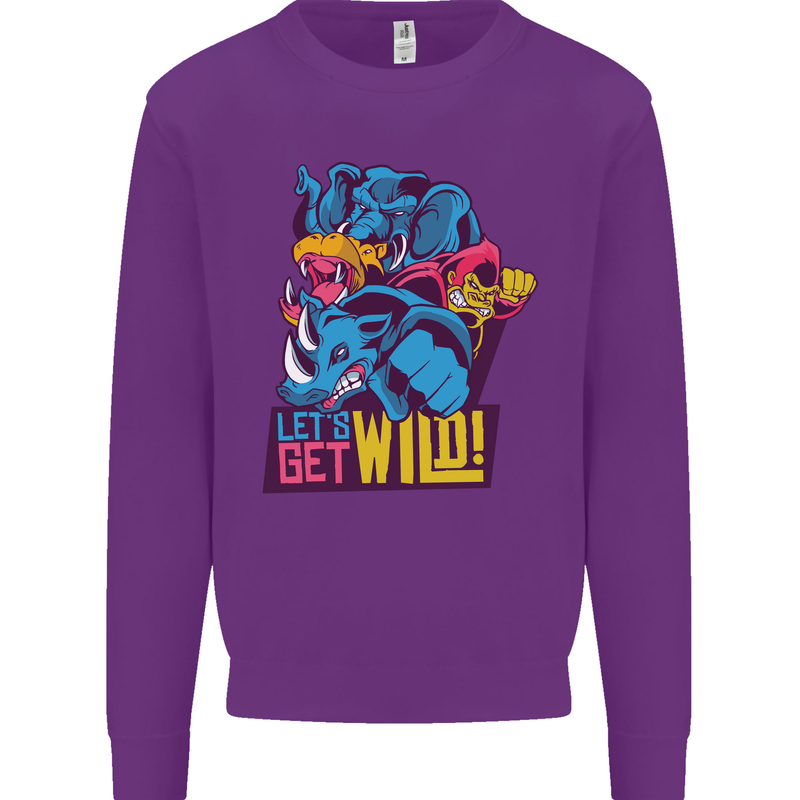 Lets Get Wild Rhino Gorilla Elephant Hippo Kids Sweatshirt Jumper Purple