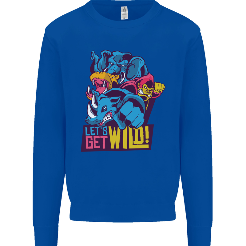 Lets Get Wild Rhino Gorilla Elephant Hippo Kids Sweatshirt Jumper Royal Blue