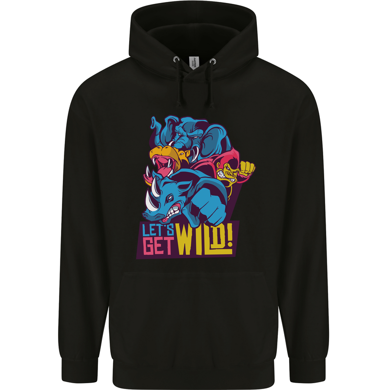 Lets Get Wild Rhino Gorilla Elephant Hippo Mens 80% Cotton Hoodie Black