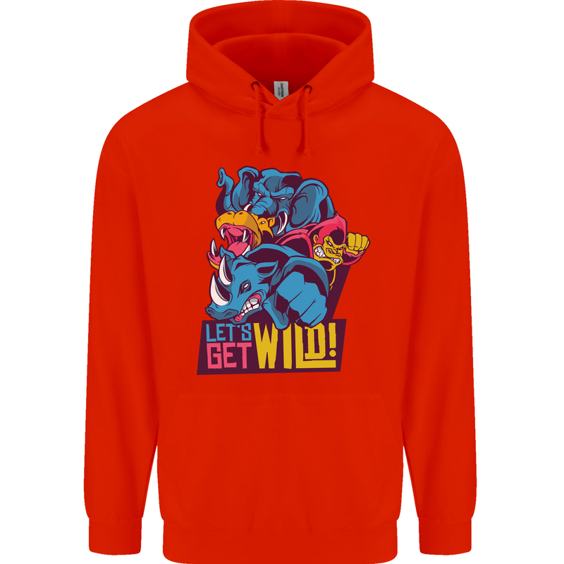 Lets Get Wild Rhino Gorilla Elephant Hippo Mens 80% Cotton Hoodie Bright Red