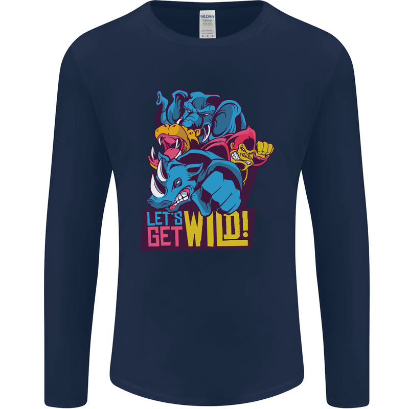 Lets Get Wild Rhino Gorilla Elephant Hippo Mens Long Sleeve T-Shirt Navy Blue