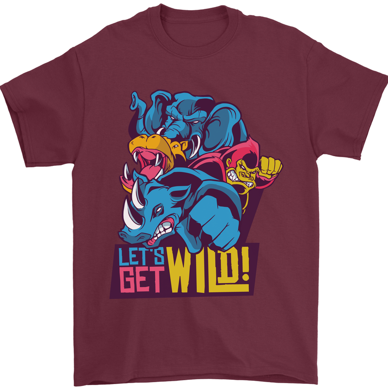 Lets Get Wild Rhino Gorilla Elephant Hippo Mens T-Shirt Cotton Gildan Maroon