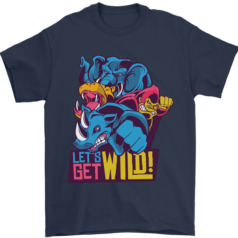 Lets Get Wild Rhino Gorilla Elephant Hippo Mens T-Shirt Cotton Gildan Navy Blue