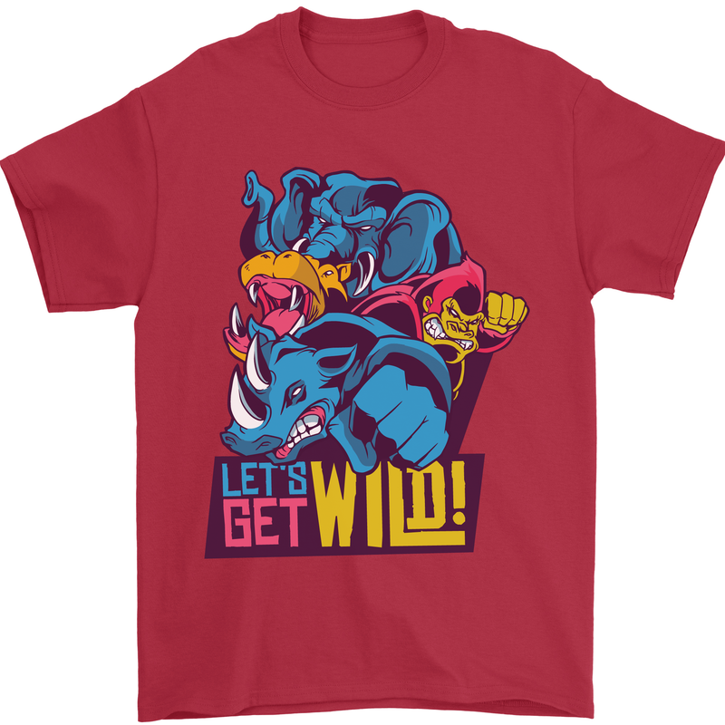 Lets Get Wild Rhino Gorilla Elephant Hippo Mens T-Shirt Cotton Gildan Red