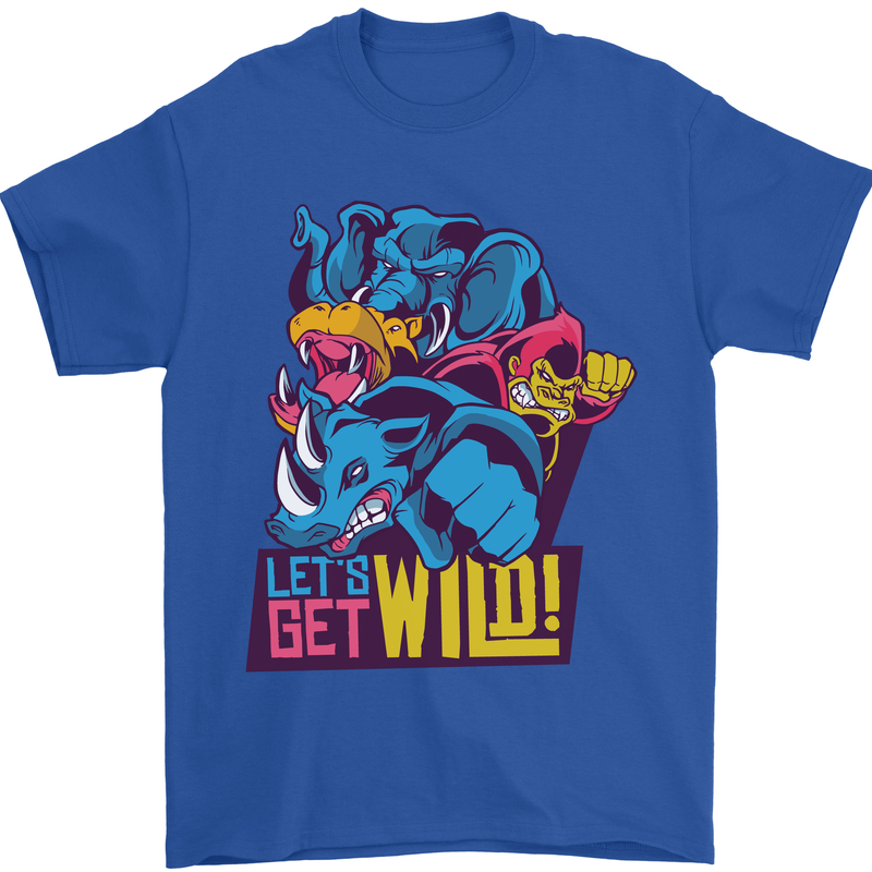 Lets Get Wild Rhino Gorilla Elephant Hippo Mens T-Shirt Cotton Gildan Royal Blue