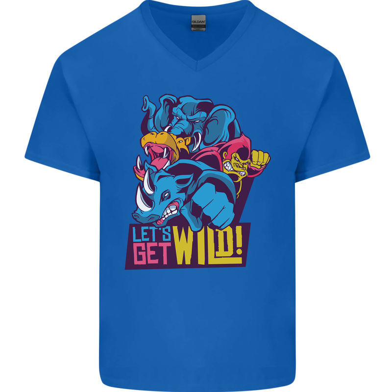 Lets Get Wild Rhino Gorilla Elephant Hippo Mens V-Neck Cotton T-Shirt Royal Blue