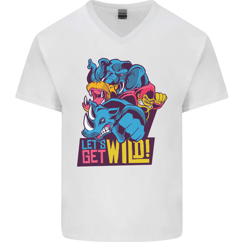 Lets Get Wild Rhino Gorilla Elephant Hippo Mens V-Neck Cotton T-Shirt White