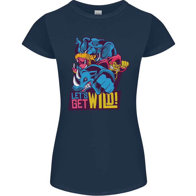 Lets Get Wild Rhino Gorilla Elephant Hippo Womens Petite Cut T-Shirt Navy Blue