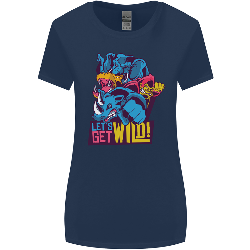 Lets Get Wild Rhino Gorilla Elephant Hippo Womens Wider Cut T-Shirt Navy Blue