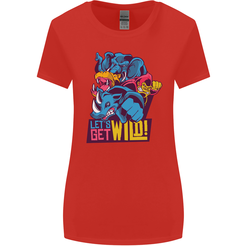 Lets Get Wild Rhino Gorilla Elephant Hippo Womens Wider Cut T-Shirt Red