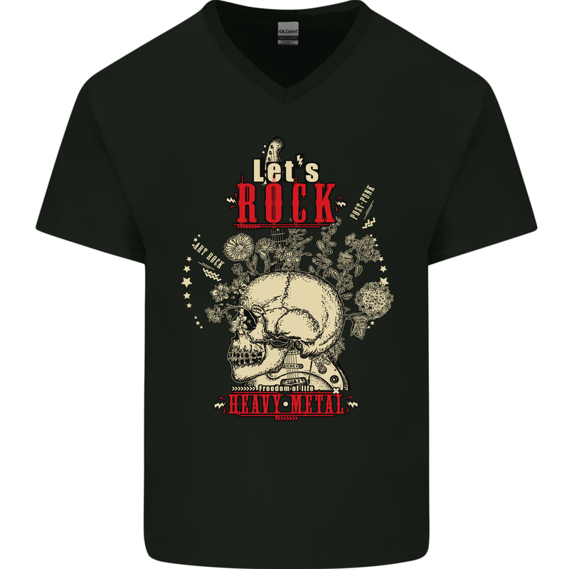 Lets Rock Heavy Metal Skull Mens V-Neck Cotton T-Shirt Black