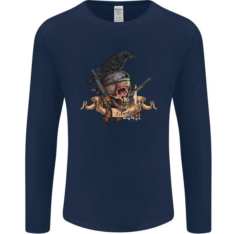 Libertad Skull Freedom Pirate Crow Raven Mens Long Sleeve T-Shirt Navy Blue