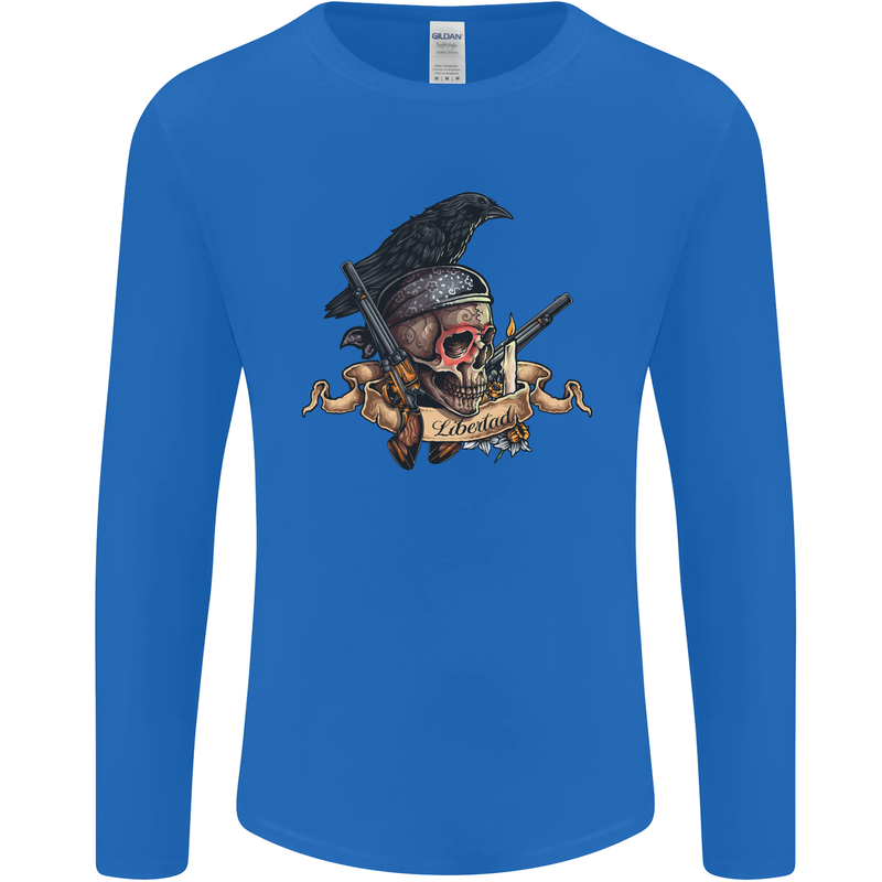 Libertad Skull Freedom Pirate Crow Raven Mens Long Sleeve T-Shirt Royal Blue