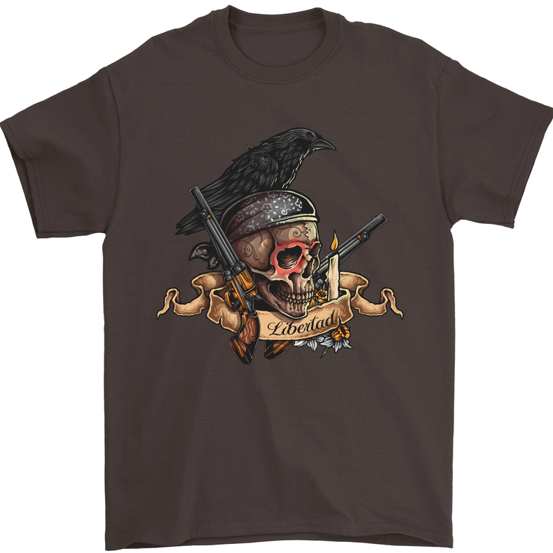Libertad Skull Freedom Pirate Crow Raven Mens T-Shirt Cotton Gildan Dark Chocolate
