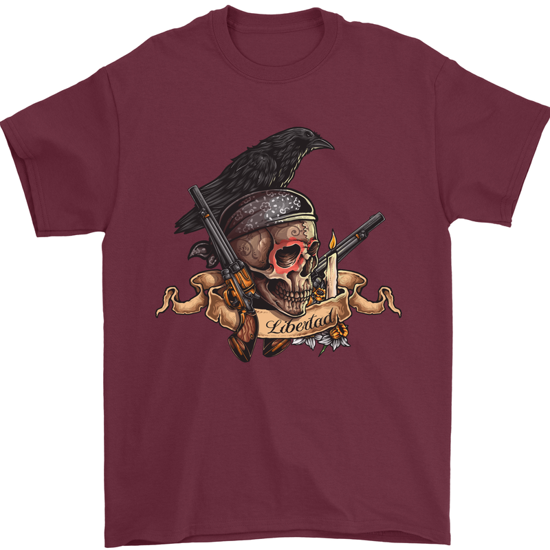 Libertad Skull Freedom Pirate Crow Raven Mens T-Shirt Cotton Gildan Maroon