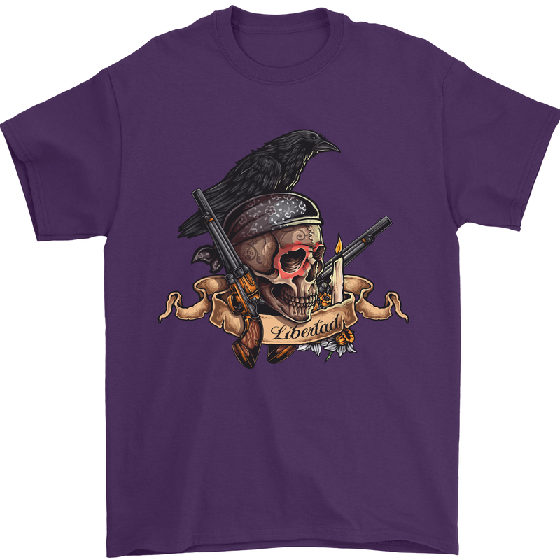 Libertad Skull Freedom Pirate Crow Raven Mens T-Shirt Cotton Gildan Purple