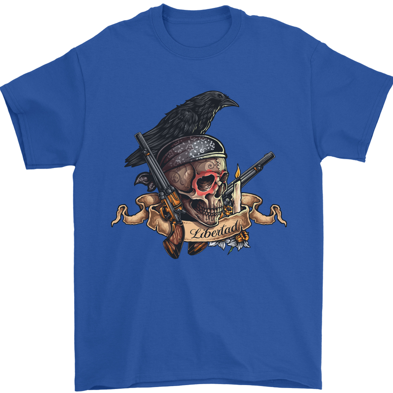 Libertad Skull Freedom Pirate Crow Raven Mens T-Shirt Cotton Gildan Royal Blue