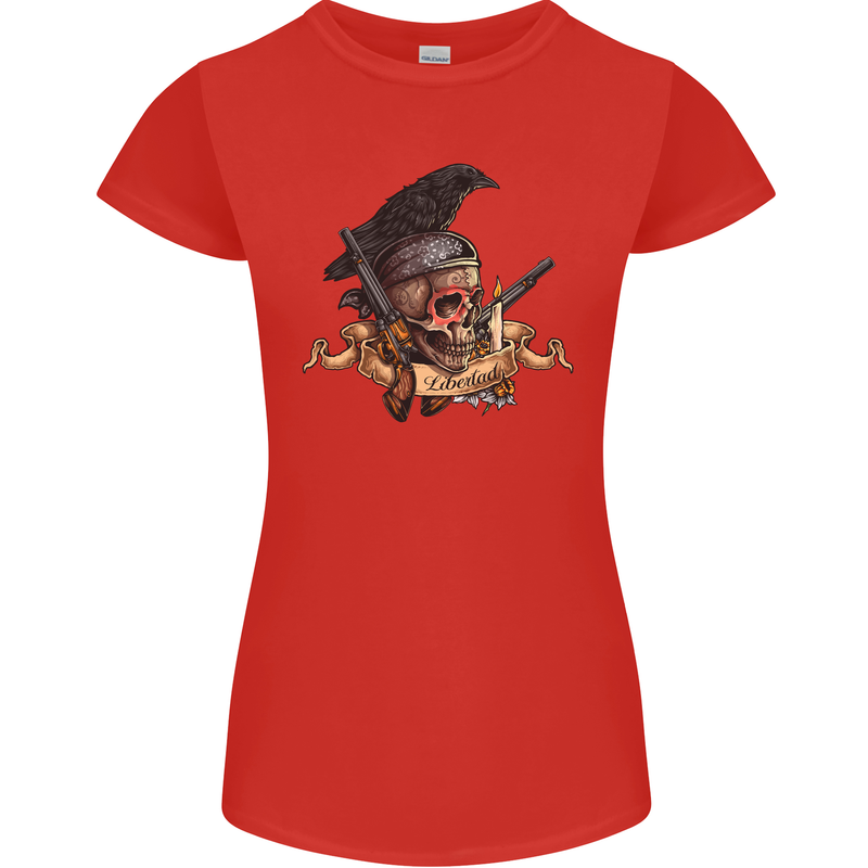 Libertad Skull Freedom Pirate Crow Raven Womens Petite Cut T-Shirt Red