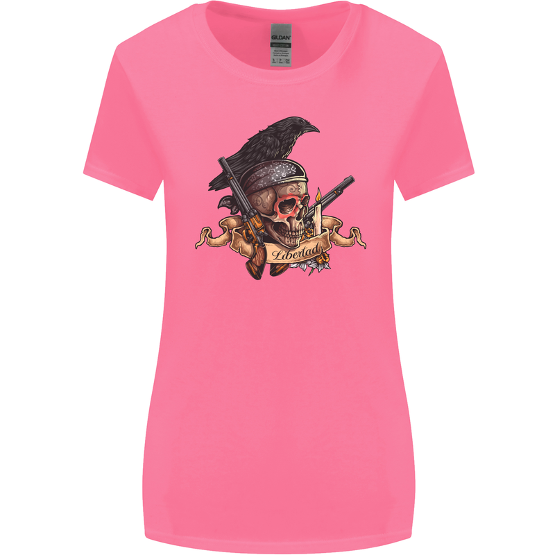 Libertad Skull Freedom Pirate Crow Raven Womens Wider Cut T-Shirt Azalea