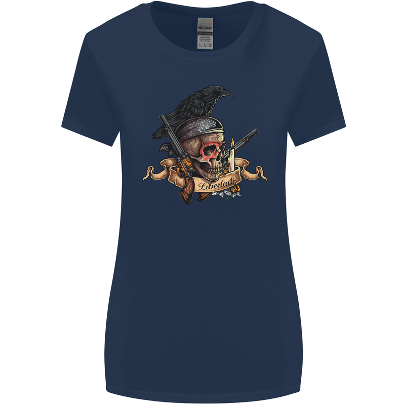 Libertad Skull Freedom Pirate Crow Raven Womens Wider Cut T-Shirt Navy Blue