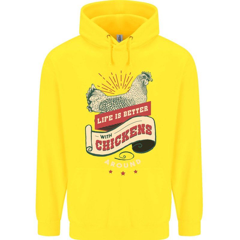 Life is Better With Chickens Around Farmer Childrens Kids Hoodie Yellow