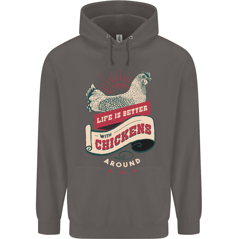 Life is Better With Chickens Around Farmer Mens 80% Cotton Hoodie Charcoal