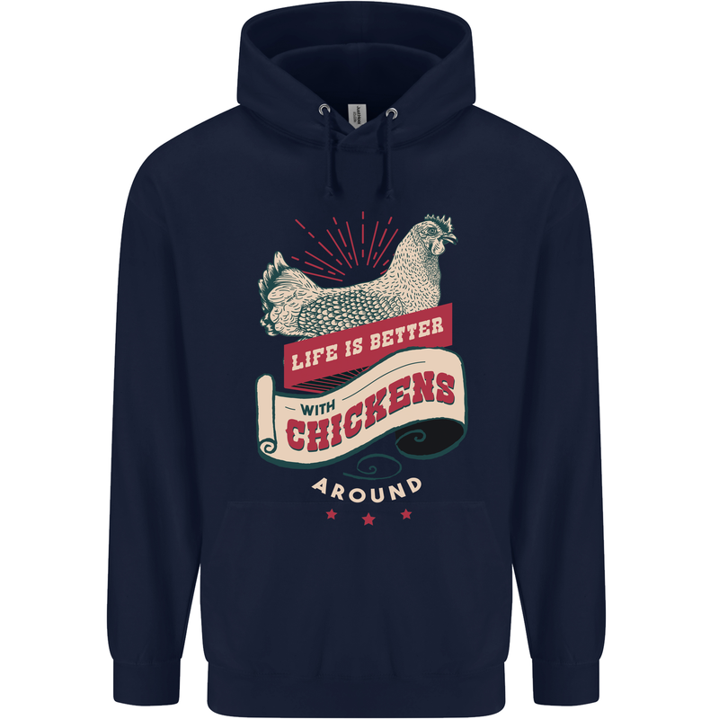 Life is Better With Chickens Around Farmer Mens 80% Cotton Hoodie Navy Blue
