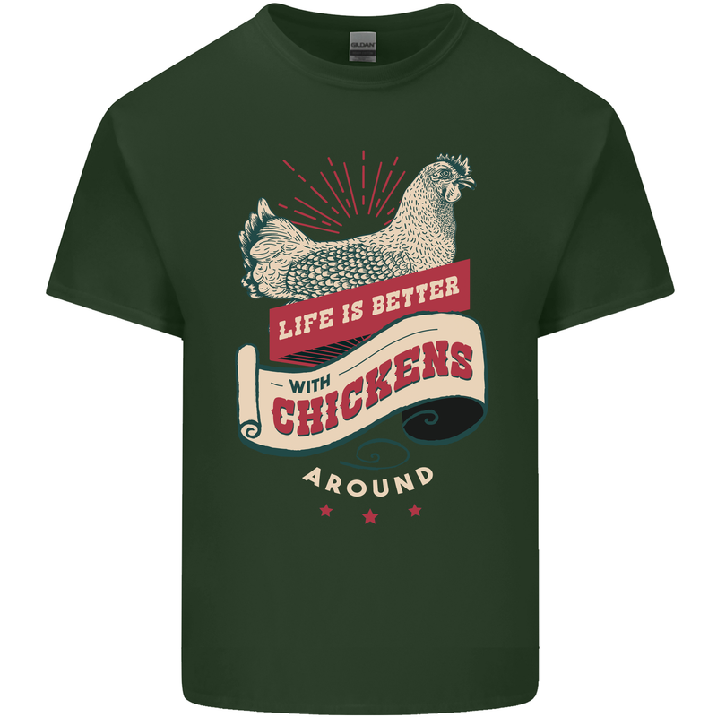 Life is Better With Chickens Around Farmer Mens Cotton T-Shirt Tee Top Forest Green