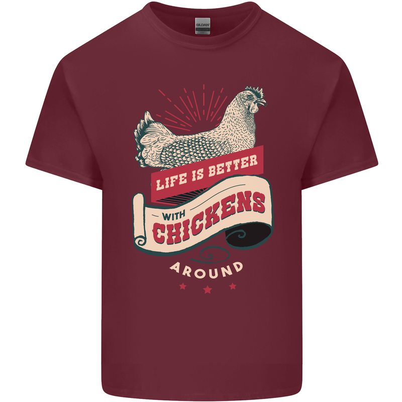 Life is Better With Chickens Around Farmer Mens Cotton T-Shirt Tee Top Maroon