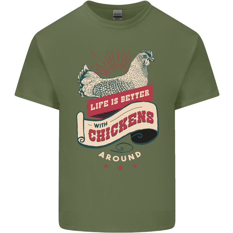 Life is Better With Chickens Around Farmer Mens Cotton T-Shirt Tee Top Military Green