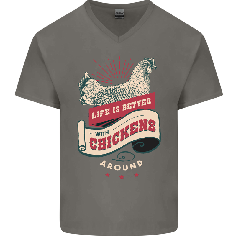 Life is Better With Chickens Around Farmer Mens V-Neck Cotton T-Shirt Charcoal