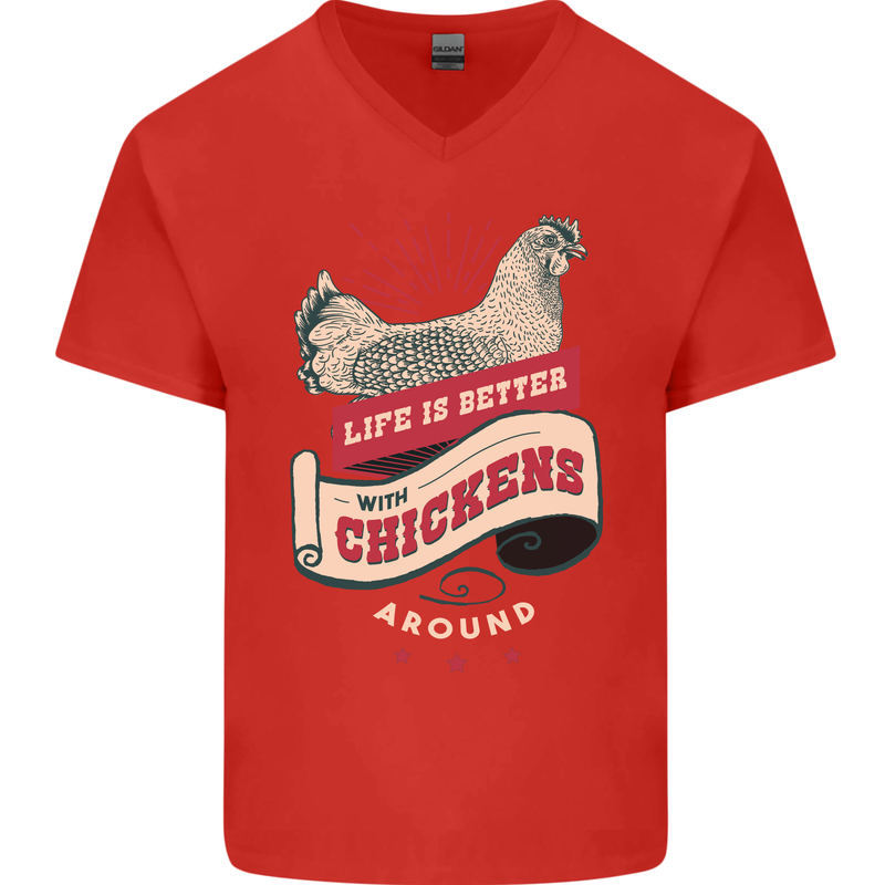 Life is Better With Chickens Around Farmer Mens V-Neck Cotton T-Shirt Red