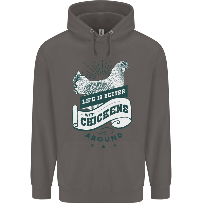 Life is Better With Chickens Around Farming Mens 80% Cotton Hoodie Charcoal