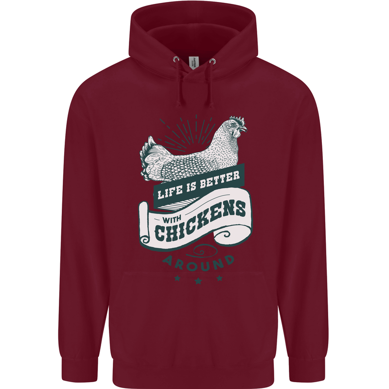 Life is Better With Chickens Around Farming Mens 80% Cotton Hoodie Maroon