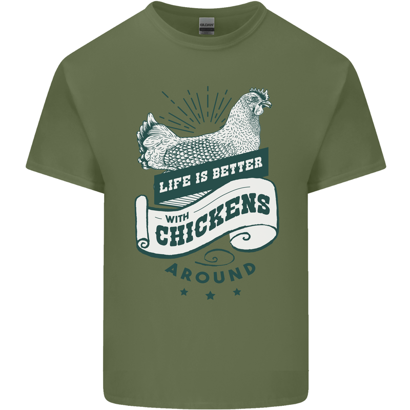 Life is Better With Chickens Around Farming Mens Cotton T-Shirt Tee Top Military Green