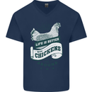 Life is Better With Chickens Around Farming Mens V-Neck Cotton T-Shirt Navy Blue