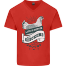 Life is Better With Chickens Around Farming Mens V-Neck Cotton T-Shirt Red
