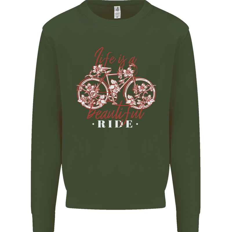 Life is a Beautiful Ride Cycling Bicycle Kids Sweatshirt Jumper Forest Green