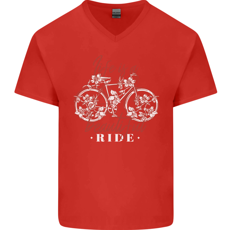 Life is a Beautiful Ride Cycling Bicycle Mens V-Neck Cotton T-Shirt Red
