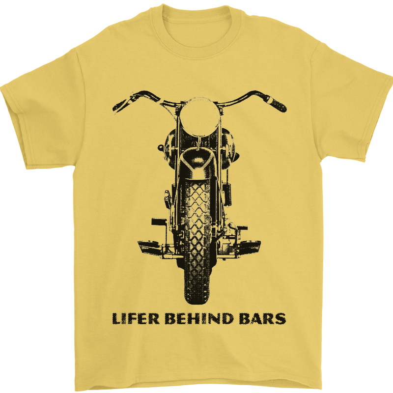Lifer Behind Bars Motorcycle Motorbike Mens T-Shirt Cotton Gildan Yellow