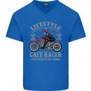 Lifestyle Cafe Racer Biker Motorcycle Mens V-Neck Cotton T-Shirt Royal Blue
